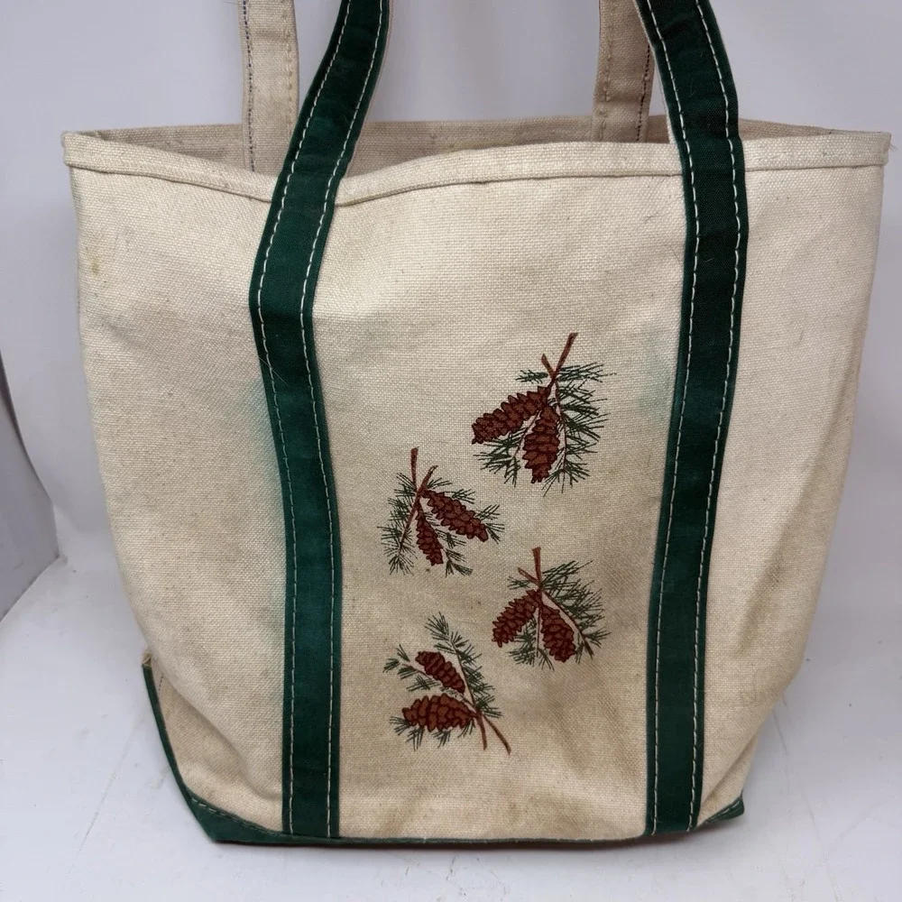 VTG 80s LL Bean Boat & Tote Bag USA Canvas Green Pine Cones Tree Oak Medium